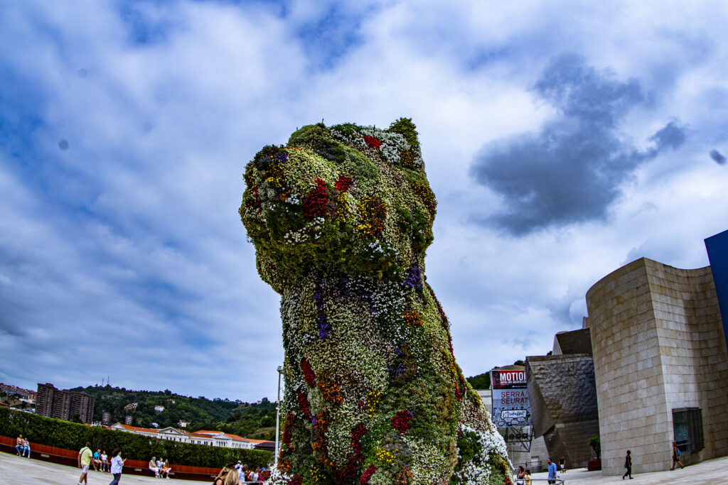 Vor dem Eingang des Guggenheimmuseums befindet sich das übergroße Kunstobjekt von Jeff Koons namens Puppy. Es stellt einen Hund dar, welcher komplett mit 38000 Blumenpflanzen umhüllt ist.