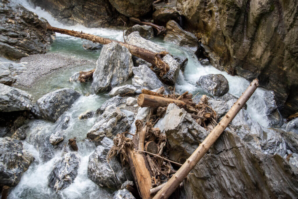 Der Großarlbach fliesst zwischen den Felsen entlang. Im Flussbett liegen angeschwemmte Baumstämme.