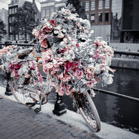 Ein Fahrrad mit Blumen geschmückt steht an einem Geländer vor einem Kanal.